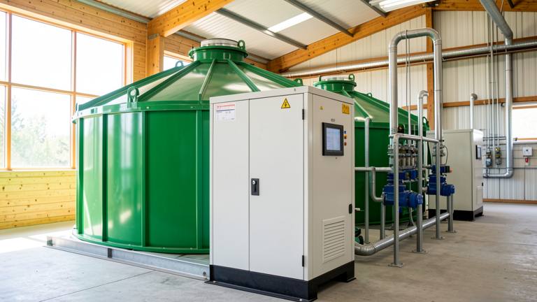 How does a biogas plant generate electricity?