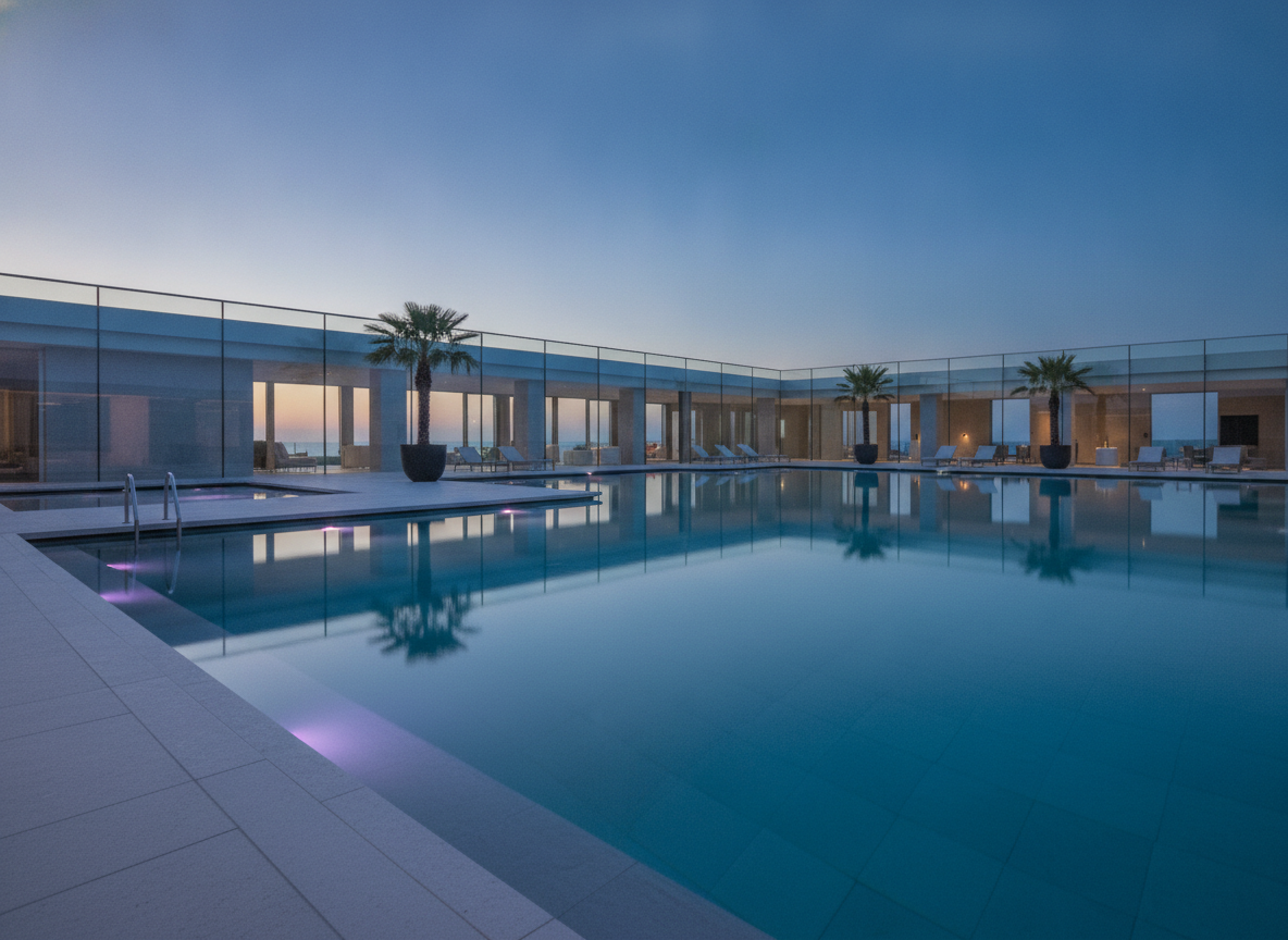 Modern resort swimming pool at blue hour